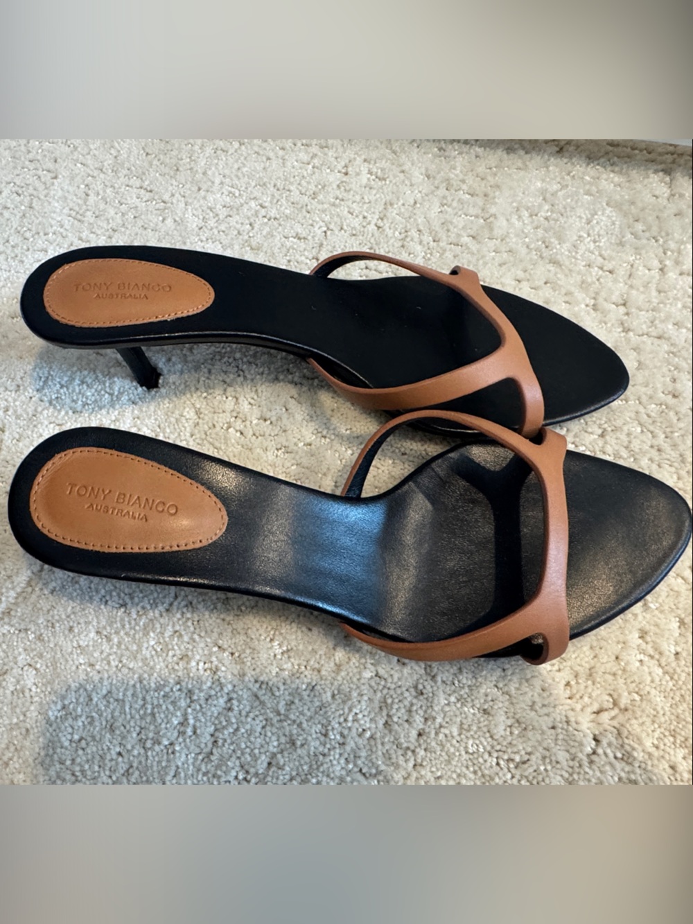 Tony Bianco Brown Leather Strap Kitten Heel Sandals - Brown/Black size 9.5
